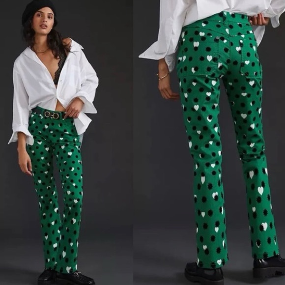 Anthropologie Maeve • NWT The Cigarette Slim Trouser Green Printed Heart Jean 26 - Picture 1 of 12